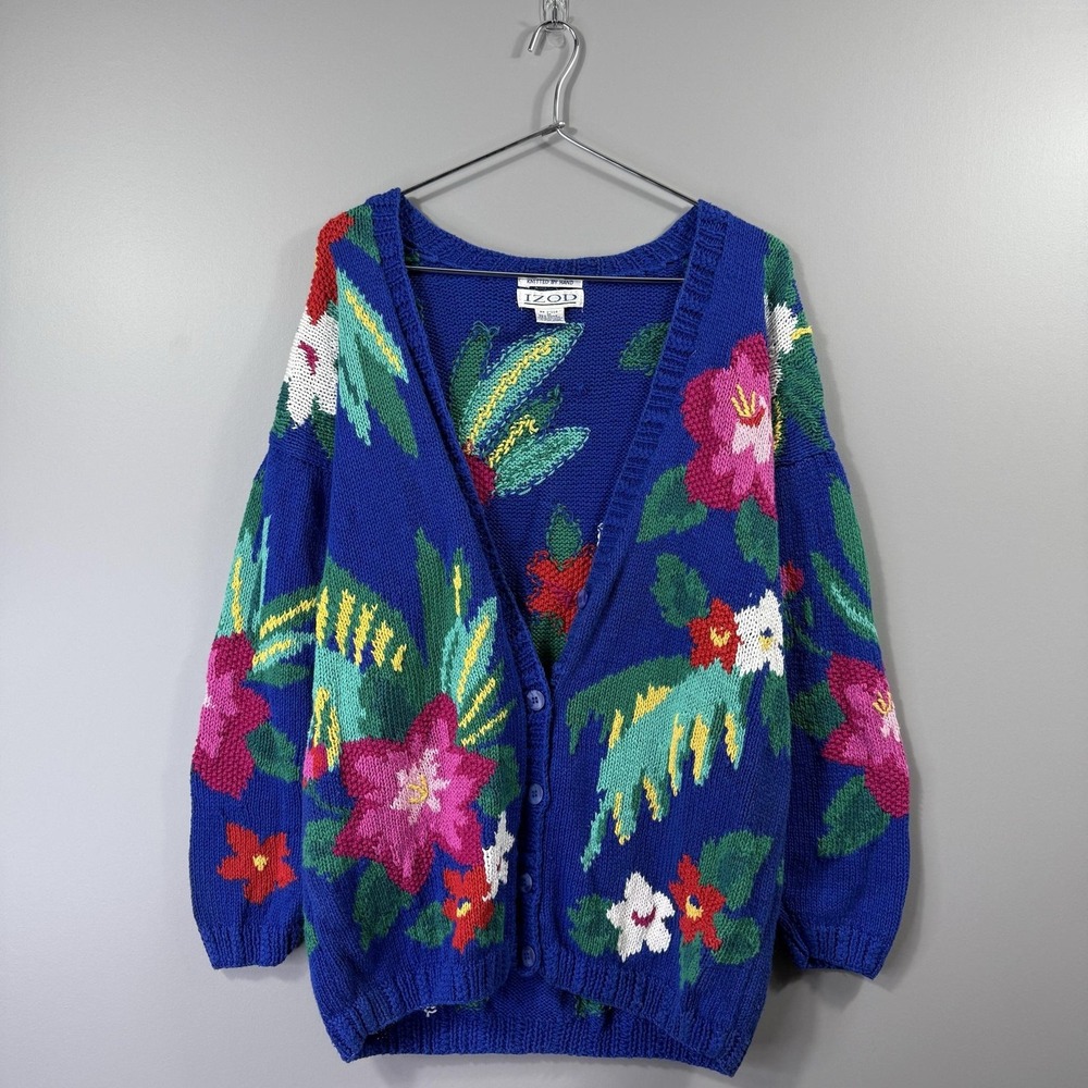 Vintage IZOD Sweater Womens Medium Blue Floral Tropical Cardigan Knit Hong Kong